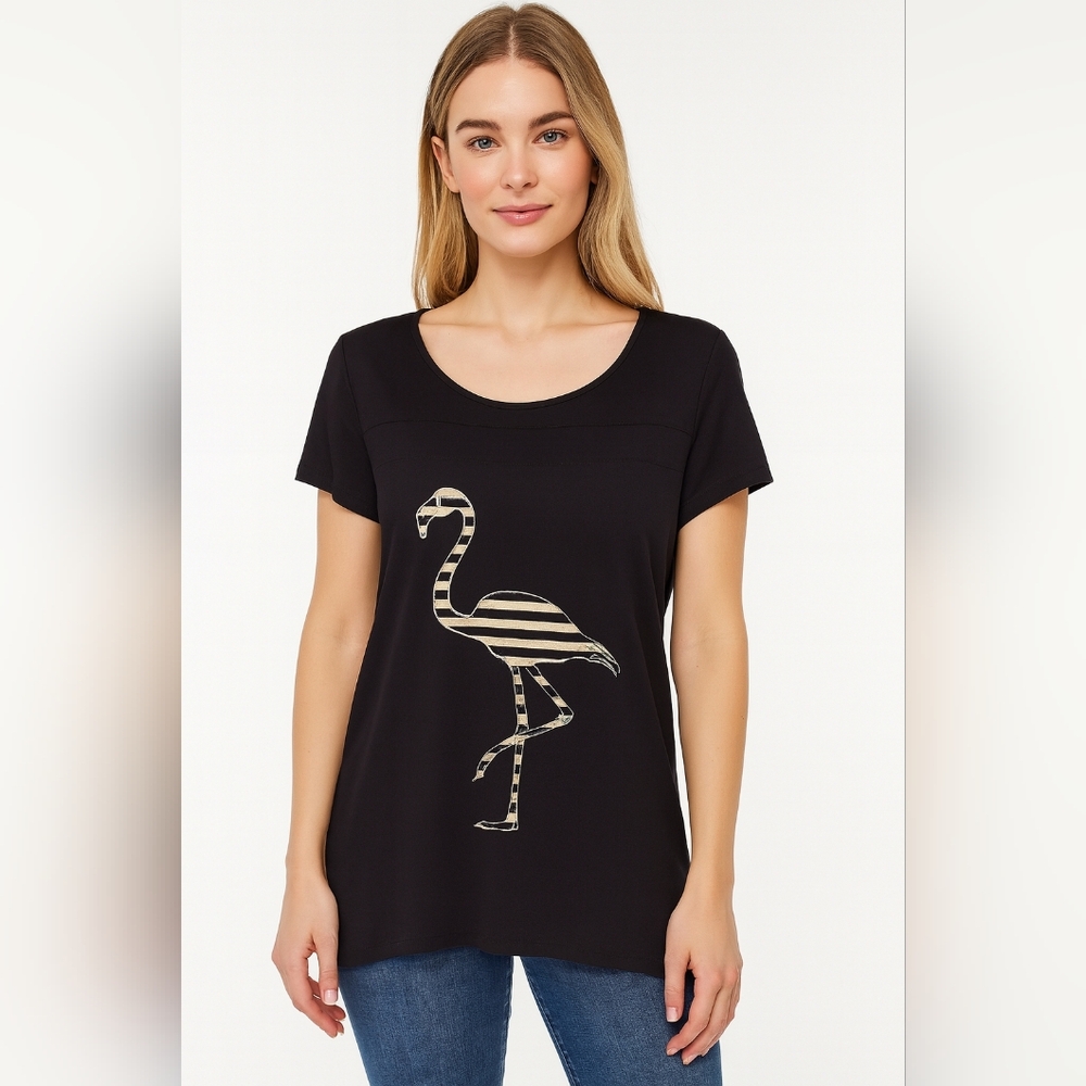 TRICOTTO Black Metallic Gold Silver Striped Flamingo Tunic Top L Viscose